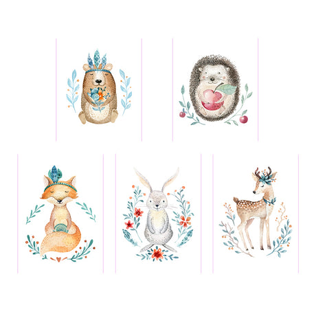 Woodland animals like bear, hedgehog, fox, bunny and deer