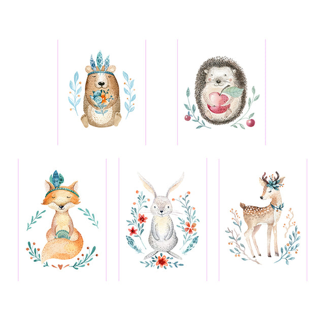 Woodland animals like bear, hedgehog, fox, bunny and deer