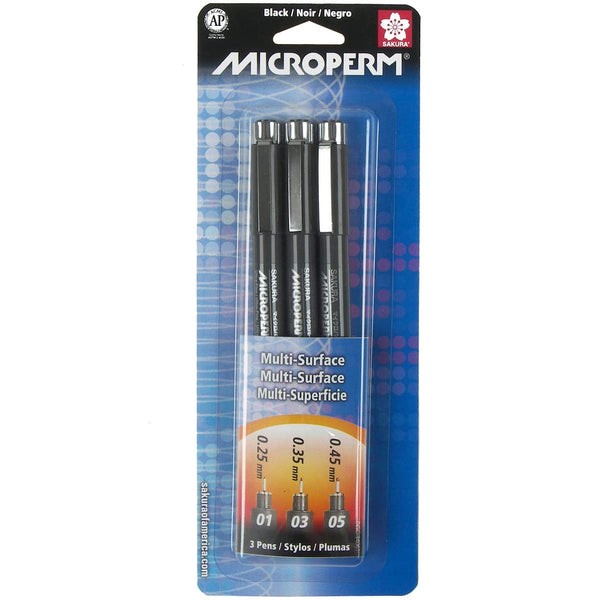Permanent micro-point ink pens that draw ultra fine lines. They will write on most surfaces, are quick drying, waterproof and resistant to cleaners. The hard plastic tips are protected by metal sleeves. The set of three black pens include widths .25 mm., .35 mm. and .45 mm.