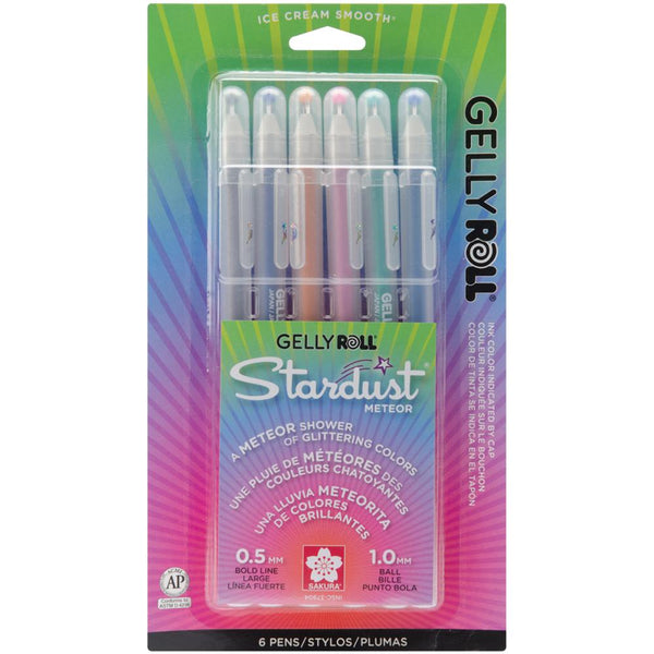 Spell it out, color it in! Write on tags, bags, scrapbooks, cards, and more with these Stardust Meteor GellyRoll Pens. The opaque glittering gel ink offers a vividly intense color that works beautifully on white and matte paper. 