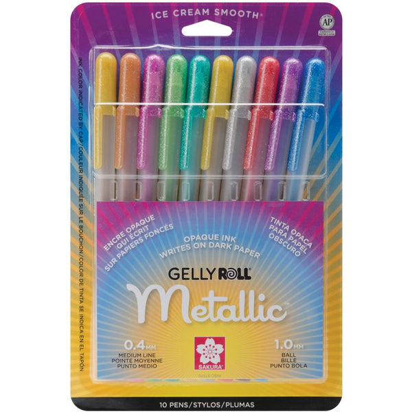 The Gelly Roll pen has smooth flowing, high performance ink with true, rich colors. It adheres to matte and glossy surfaces. Great for scrapbooking or journaling on both light and dark papers. It will not bleed through most papers. Waterproof, fade-resistant and archival quality. Set consists of 2 Gold and 1 each of Silver, Copper, Blue, Red, Green, Purple, Pink and Emerald.