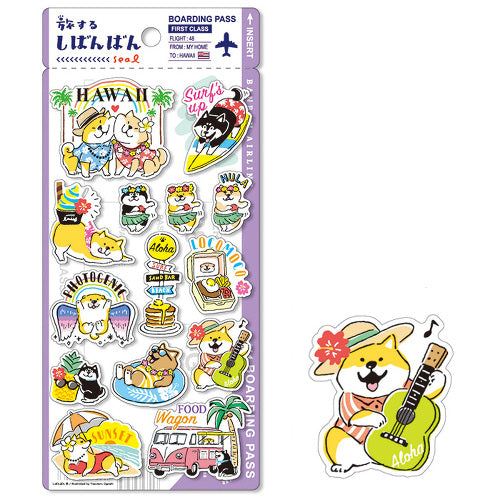 Mind Wave Seals Shiba Inu travelling in Hawaii Beach Sticker, made in Japan. Stickers including Shiba hula dancer, surfing, beach and sand, tropical, food truck, locomoco and etc.