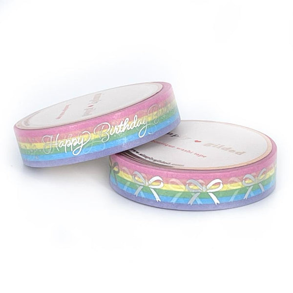Simply Gilded WASHI 10/10mm set - BIRTHDAY Bow Pastel Rainbow Stripes + silver foil