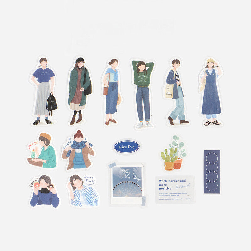 Girl Flake Sticker Casual Blue Coordinate (45 pieces)