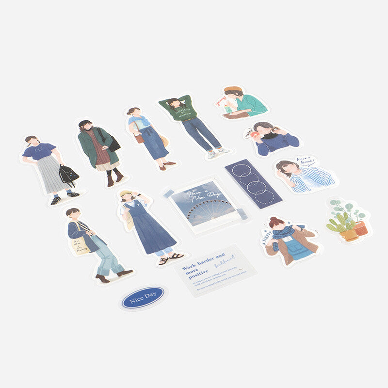 Girl Flake Sticker Casual Blue Coordinate (45 pieces)