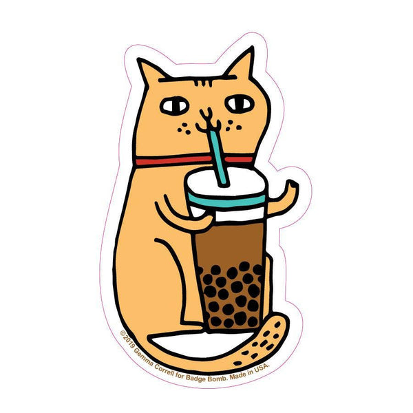 Bubble Tea Cat Sticker designed by Gemma Correll. Waterproof, sun-proof, long-lasting big sticker.