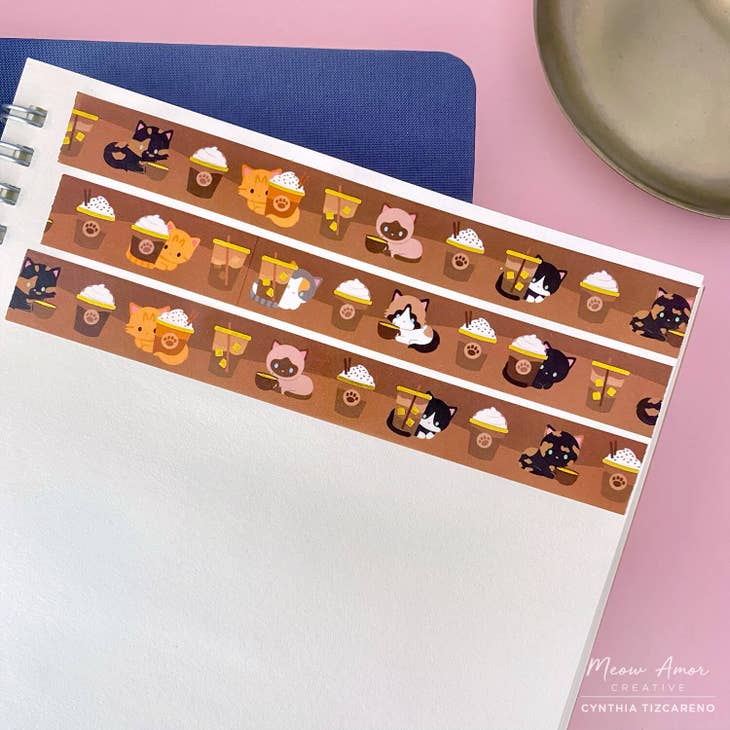 Cinta washi dorada con diseño de gatos y café 