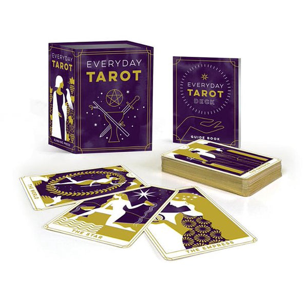 The Everyday Tarot Kit includes a 78-card Tarot deck, with fully-illustrated, 2.5" X 3.5" cards, a 88-page mini book, with card meanings and sample spreads and a magnetic-closure keepsake box for card storage. 