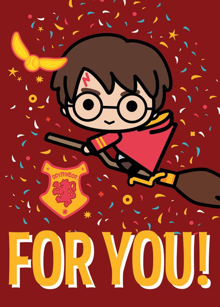 Chibi Harry Potter is chasing the Golden Snitch straight to the birthday party, gift in hand! Perfect for any young witch, wizard, or Potter-loving muggle!