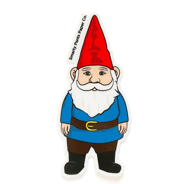 Garden Gnome Vinyl Sticker. Made in the USA. Printed on weatherproof vinyl, suitable for outdoor use. Easy crack and peel tab. 