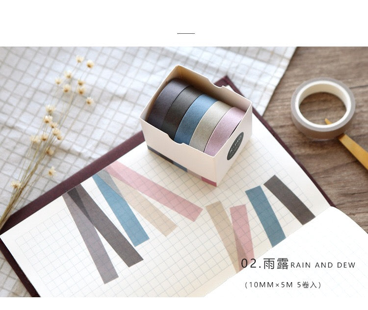 Juego de 5 rollos de cinta washi de colores sólidos Rain &amp; Dew 