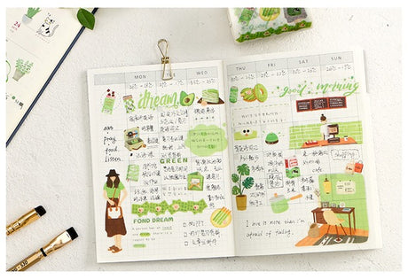 Cinta washi ancha con diseño de collage de color verde claro 