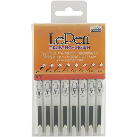 A pigmented ink pen that resists bleeding and is permanent on paper when dry. Set includes the following tips: 0.03, 0.05, 0.1, 0.3, 0.5, 0.8, 1.0 and brush tip.