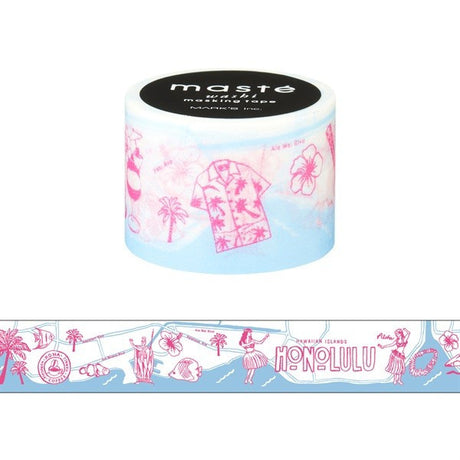 Hawaii Honolulu Map Maste Japanese Masking Tape featuring Hula girl, tropical beach, coconut tree, reef fishes & more. Drawn with unique and in detail. Made in Japan.