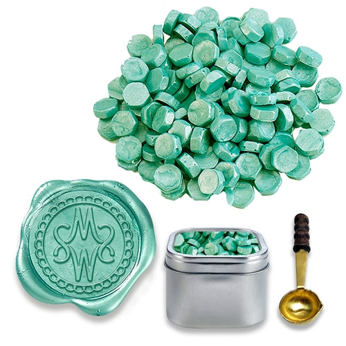 Teal Sealing Wax Beads in Tin with Spoon