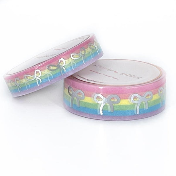 Simply Gilded WASHI 15/10mm BOW set - Pastel RAINBOW STRIPES + silver foil