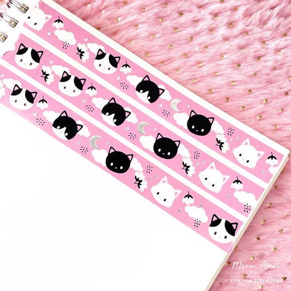 Pink Meow Meow Silver Foil Washi Tape