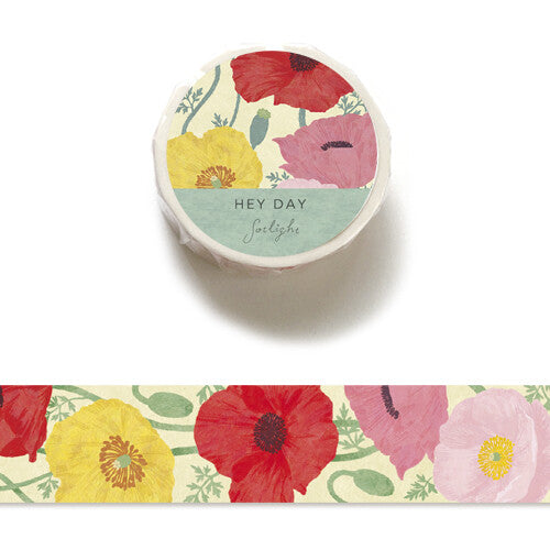 Cinta washi con mensaje "Hola, día" y flor de amapola