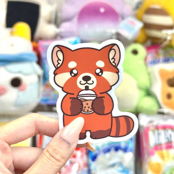Red Panda Drinking Boba Vinyl Sticker