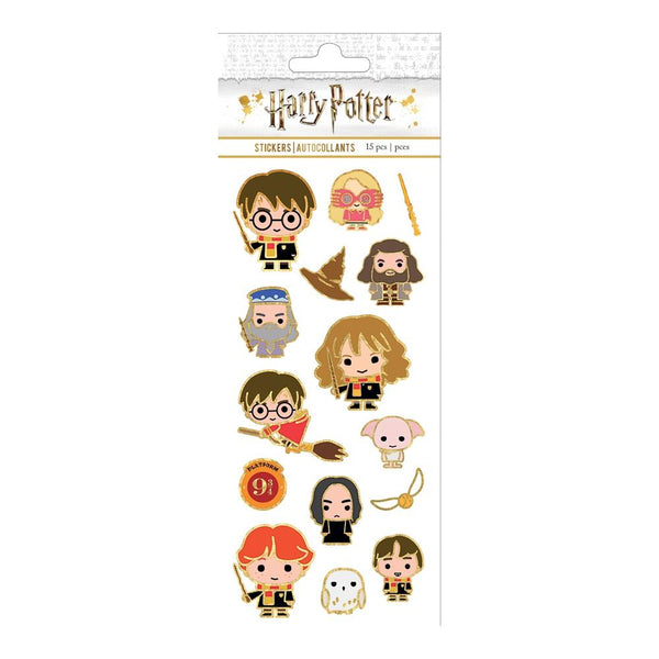  This officially licensed Harry Potter Chibi Characters Faux Enamel sticker is a fun and flashy way to decorate with all of your favorites! Harry, Ron, Hermione and all of their friends are there in fancy gold-lined sticker form!
