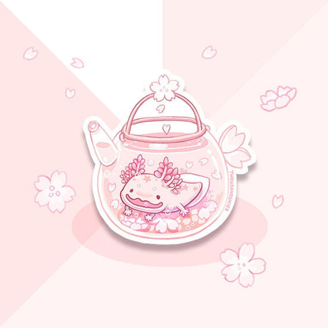 Thousand Skies Cherry Blossom Axolotl Tea Clear Vinyl Sticker