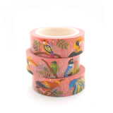 This cute washi tape features a whole flock of 10 tropical bird species: Victoria crowned pigeon, keel-billed toucan, Anna's hummingbird, sulfur-crested cockatoo, Nicobar pigeon, oriental dwarf kingfisher, great hornbill, Bornean green magpie, lovebirds, and Andean cock-of-the-rock.