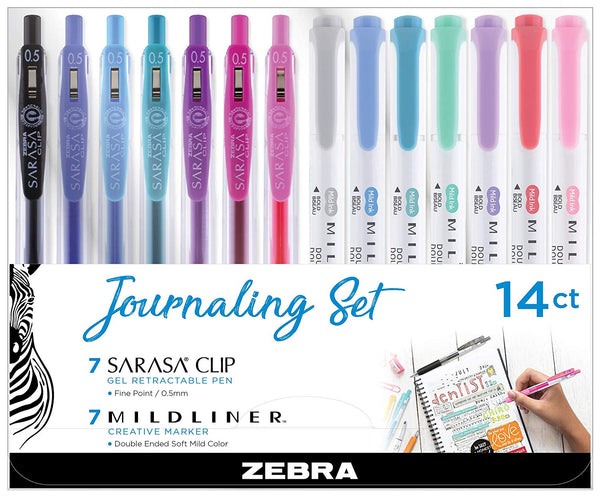 Zebra Pen Journaling Set, Includes 7 Mildliner Highlighters and 7 Sarasa Clip Restractable Gel Ink Pens, Assorted Colors, 14-Count 